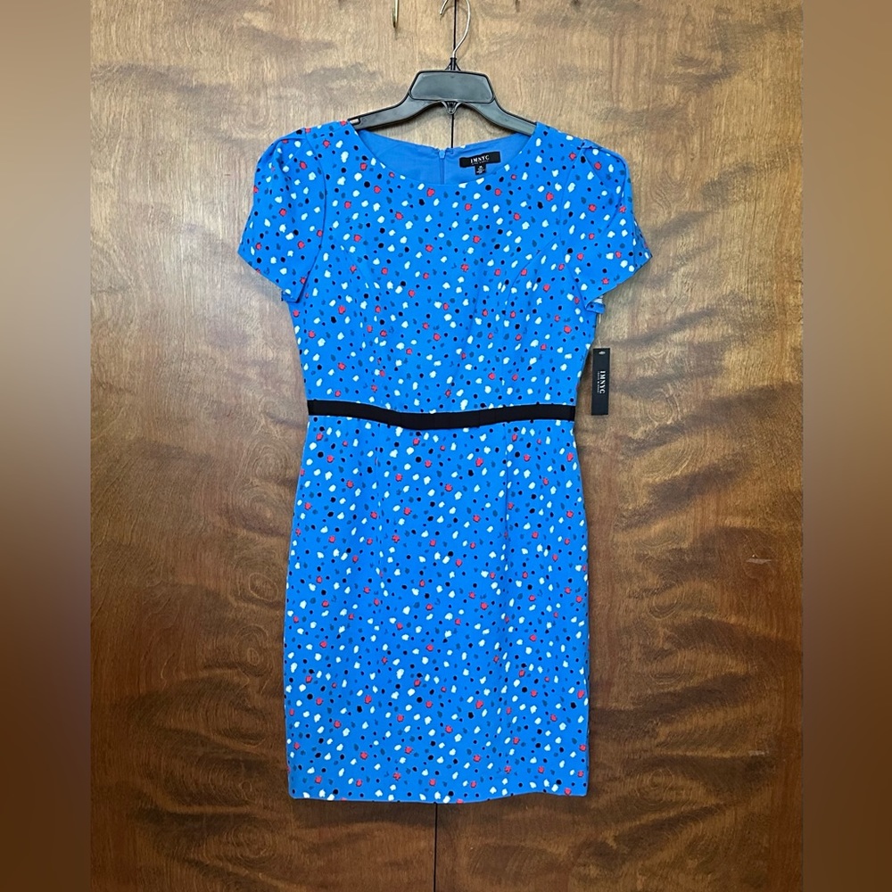 IMNYC Isaac Mizrahi Puff Sleeve Sheath Dress Womens 10 Blue Confetti Dots Lined